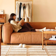 Luxurious Brown Solid Wood Sofa with Premium Genuine Leather and Down Filling Hersa-1647