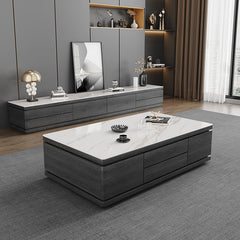 Modern White Glossy Tea Table with Grey Matte Marble and Pine Wood Accents faml-698