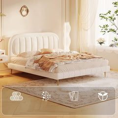 Elegant Beige Cotton Bed Frame with Pine Wood and Stainless Steel Accents fbby-1405