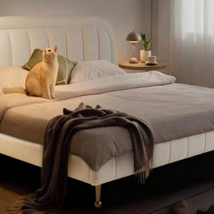 Elegant Beige Cotton Bed Frame with Pine Wood and Stainless Steel Accents fbby-1405