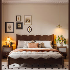 Elegant Bed Frame - Brown Rubber Wood, Pine Wood, Real Solid Wood & Glass Design fcf-282