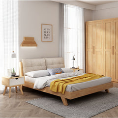 Elegant Beige Solid Wood Bed with Natural Pine & Durable Cotton-Linen Upholstery fcf-287
