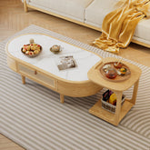 Modern White and Natural Brown Tea Table with Light Black Sintered Stone, Ash Wood, and Rattan Detailing fcf-297