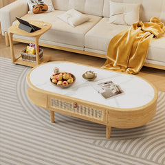 Modern White and Natural Brown Tea Table with Light Black Sintered Stone, Ash Wood, and Rattan Detailing fcf-297