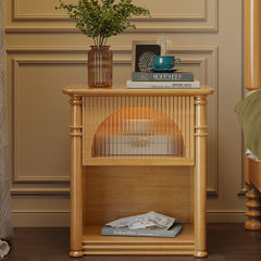 Stylish Bedside Cupboard - Natural Light Brown, White, Black | Premium Rubber & Pine Wood with Glass fcf-298