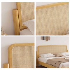Elegant Natural Brown Solid Wood Bed with Rattan Headboard - Durable Pine and Rubber Wood Frame fcf-317