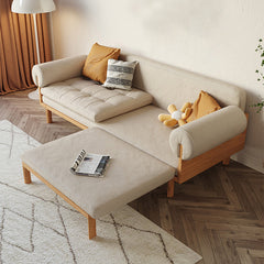 Stylish Beige Sofa with Natural Wood Frame | Cotton, Linen & Leathaire Blend fjnl-1579
