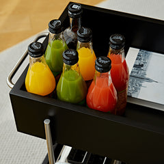 Stylish Multi-Material Tea Table: Light Brown Black Cherry Wood, Plywood, Stainless Steel, Nylon fmy-692