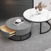 Modern Sintered Stone Tea Table with Adjustable Metal Legs and Sleek PU Leather Trim - White, Gray, Brown Options frg-493