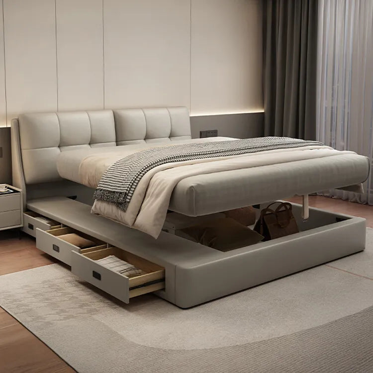 Bed Khaki Beige Light gray Dark gray Cowhide Leather Pine Solid wood Multi-layer board Synthetic leather fxbl-6384