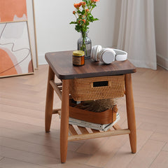 Stylish Tea Table in Cherry Wood & Walnut with Elegant Rattan Design fyx-874