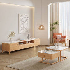 Modern TV Cabinet with White Sintered Stone and Oak Wood Accents hbzwg-640
