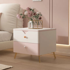 Chic Sintered Stone Nightstand with Faux Leather Finish – Modern Two-Drawer Bedside Table in Pink and White hjd-3146