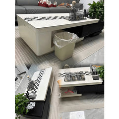 Stunning Modern Tea Table with Black & White Sintered Stone Top and Pine Wood Legs hjl-1183