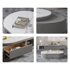 Elegant White & Gray Sintered Stone Tea Table with Pine Wood Base hjl-1203