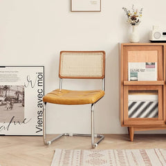 Stylish Cherry Wood and Rattan Chair with Faux Leather Cushion and Stainless Steel Frame hldmz-721