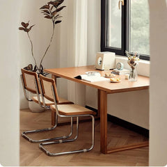 Stylish Cherry Wood and Rattan Chair with Faux Leather Cushion and Stainless Steel Frame hldmz-721