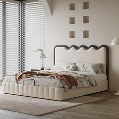 Luxurious Beige Bed with Genuine and Faux Leather Upholstery hmzsh-1544