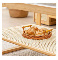 Stunning Bamboo Rattan Weave Tea Table with Glass Top - Natural Wood Finish hsl-85