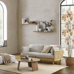 Stylish Grey Sofa with Natural Wood and Black Ash Accents – Rattan and Cotton Linen Blend htzm-1504