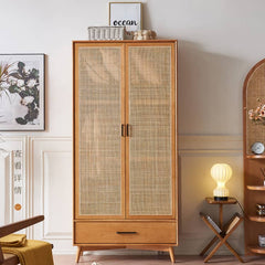 Elegant Ash Wood Cabinet with Natural Rattan Details htzm-1513
