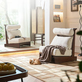 Stylish Beige Brown Sofa with Natural Ash Wood Frame, Cotton Linen Upholstery, & Rattan Accents htzm-1518