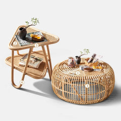 Natural Wood and Rattan Tea Table – Elegant and Durable Design htzm-1528