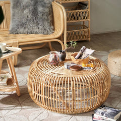 Natural Wood and Rattan Tea Table – Elegant and Durable Design htzm-1528
