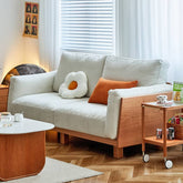 Luxurious Off White Sofa with Natural Cherry Wood Accents - Comfortable Cotton, Down, Foam & Faux Leather Upholstery hykmq-784