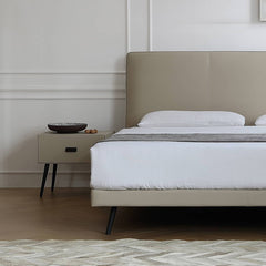 Luxurious Gray Pine Bed with Leather Upholstery and Silky Floss Finish my-379