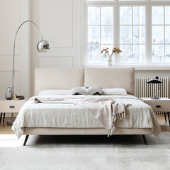 Luxurious Off-White Pine Bed with Premium Leather and Down Upholstery my-380