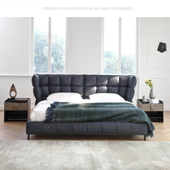 Luxurious Black Pine Bed with Leather Upholstery and Silk Floss Comfort my-381