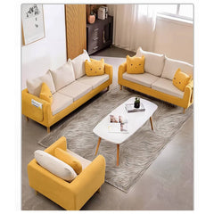 Stylish Cotton Blend Sofa in Vibrant Colors: Yellow, Off-White, Light Blue, Pink, Light Gray, and Grass Green with Wood Accents qm-12