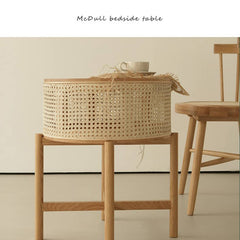 Stylish Natural Oak Wood Tea Table with Rattan Accents tzm-528