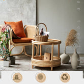 Natural Wood Tea Table with Rattan Accents and Glass Top – Elegant and Durable tzm-529