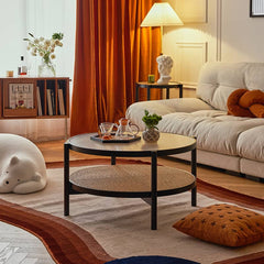 Stunning Black & Cherry Wood Tea Table with Glass Top and Rattan Weaving yw-169