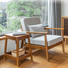 Stylish Off-White Gray Stool with Rubber Wood Legs and Soft Fabric Seat zsjj-158
