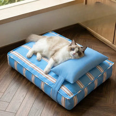 Coastal Stripe Water-Resistant Pet Lounge Mat with Integrated Pillow
