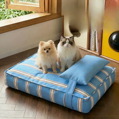 Coastal Stripe Water-Resistant Pet Lounge Mat with Integrated Pillow