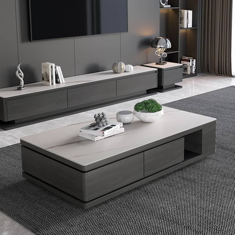 Modern White & Grey Marble Tea Table with Pine Wood and Metal Frame faml-696