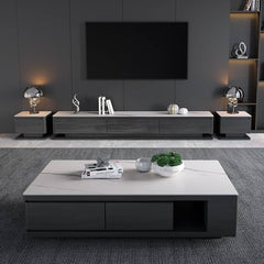 Modern White & Grey Marble Tea Table with Pine Wood and Metal Frame faml-696