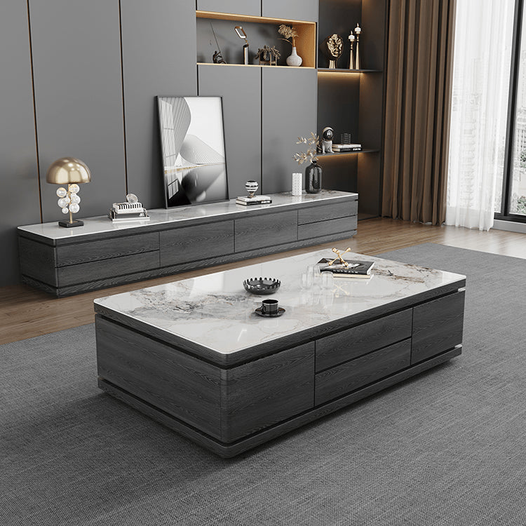 Modern White Glossy Tea Table with Grey Matte Marble and Pine Wood Accents faml-698