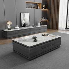 Modern White Glossy Tea Table with Grey Matte Marble and Pine Wood Accents faml-698