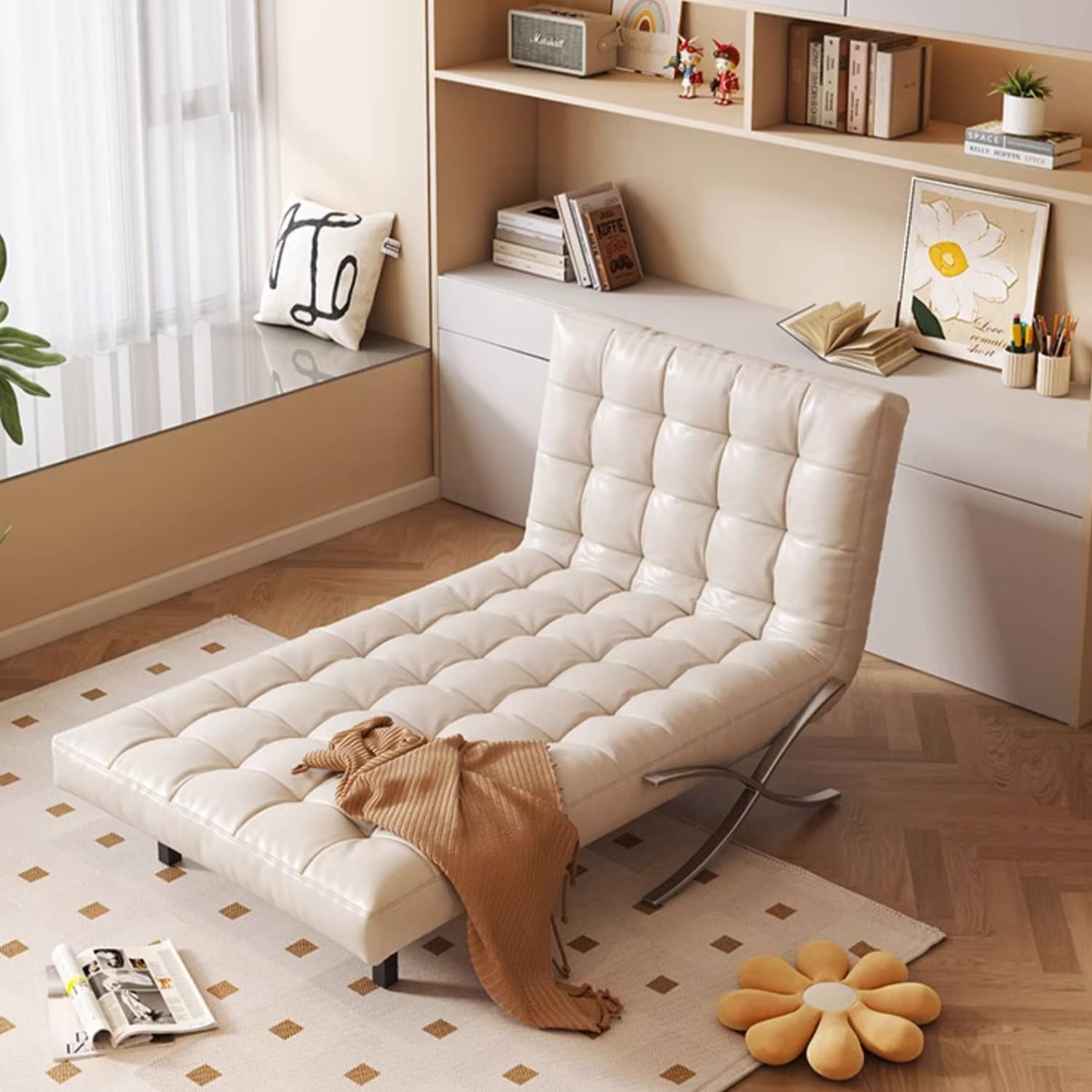 Modern Beige & Black Orange Accented Stainless Steel Faux Leather Sofa fbby-1382