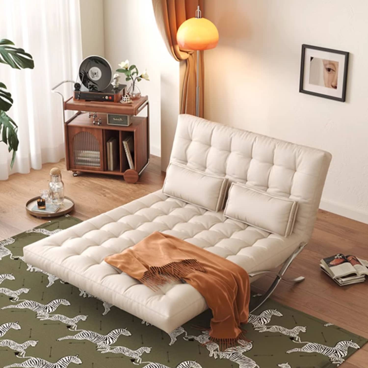 Modern Beige & Black Orange Accented Stainless Steel Faux Leather Sofa fbby-1382