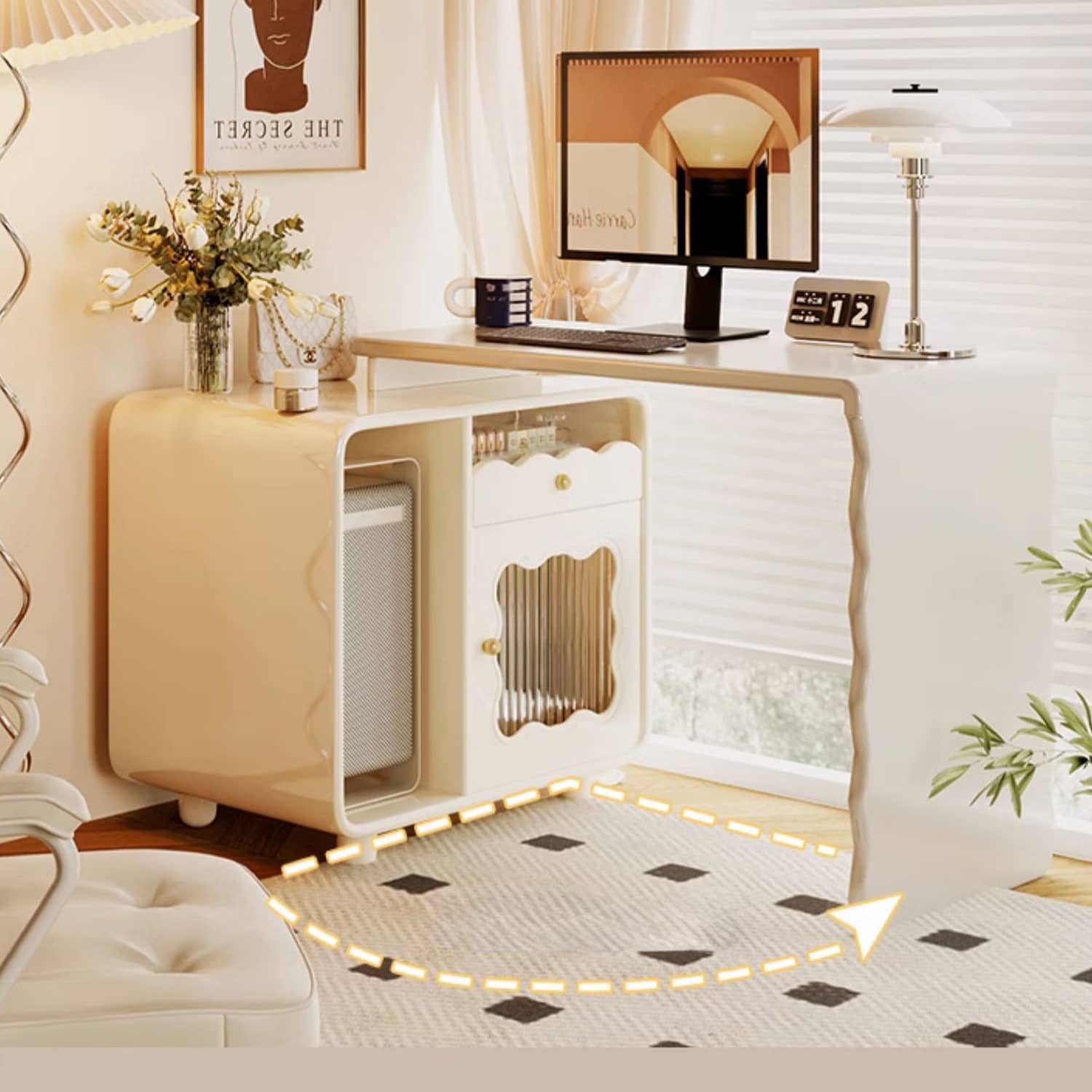 Elegant Beige Laminated Wood Dining Table with Solid Wood Legs & Glass Top fbby-1384