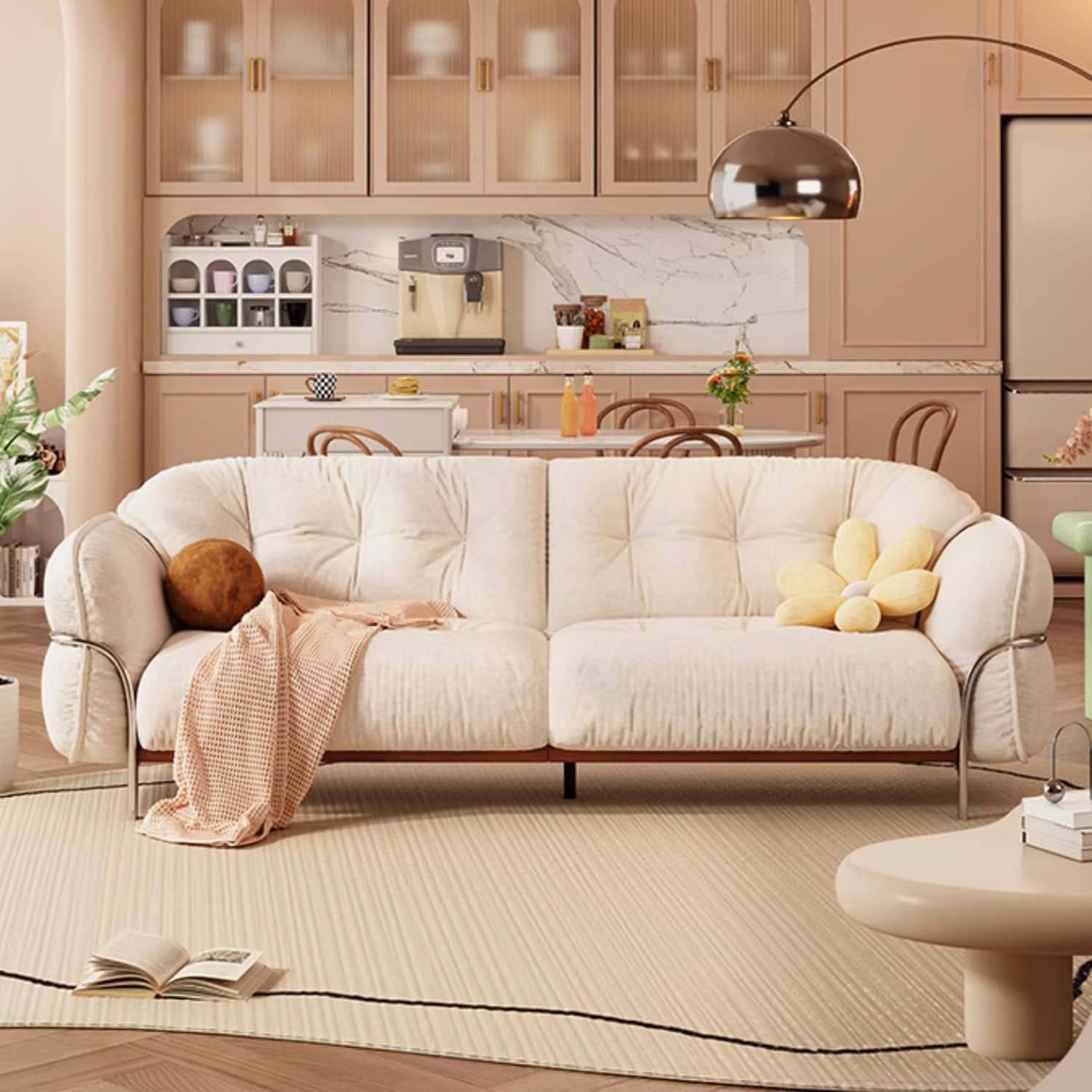 Elegant Beige Cotton Sofa with Pine Wood Frame and Stainless Steel Accents fbby-1403