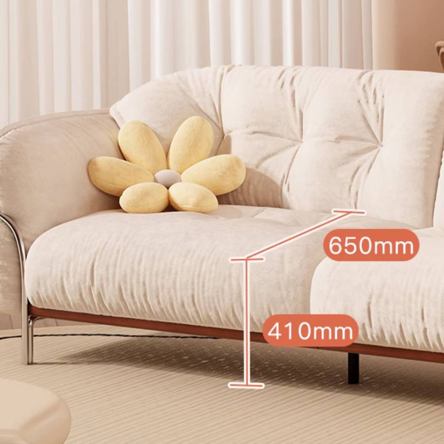 Elegant Beige Cotton Sofa with Pine Wood Frame and Stainless Steel Accents fbby-1403