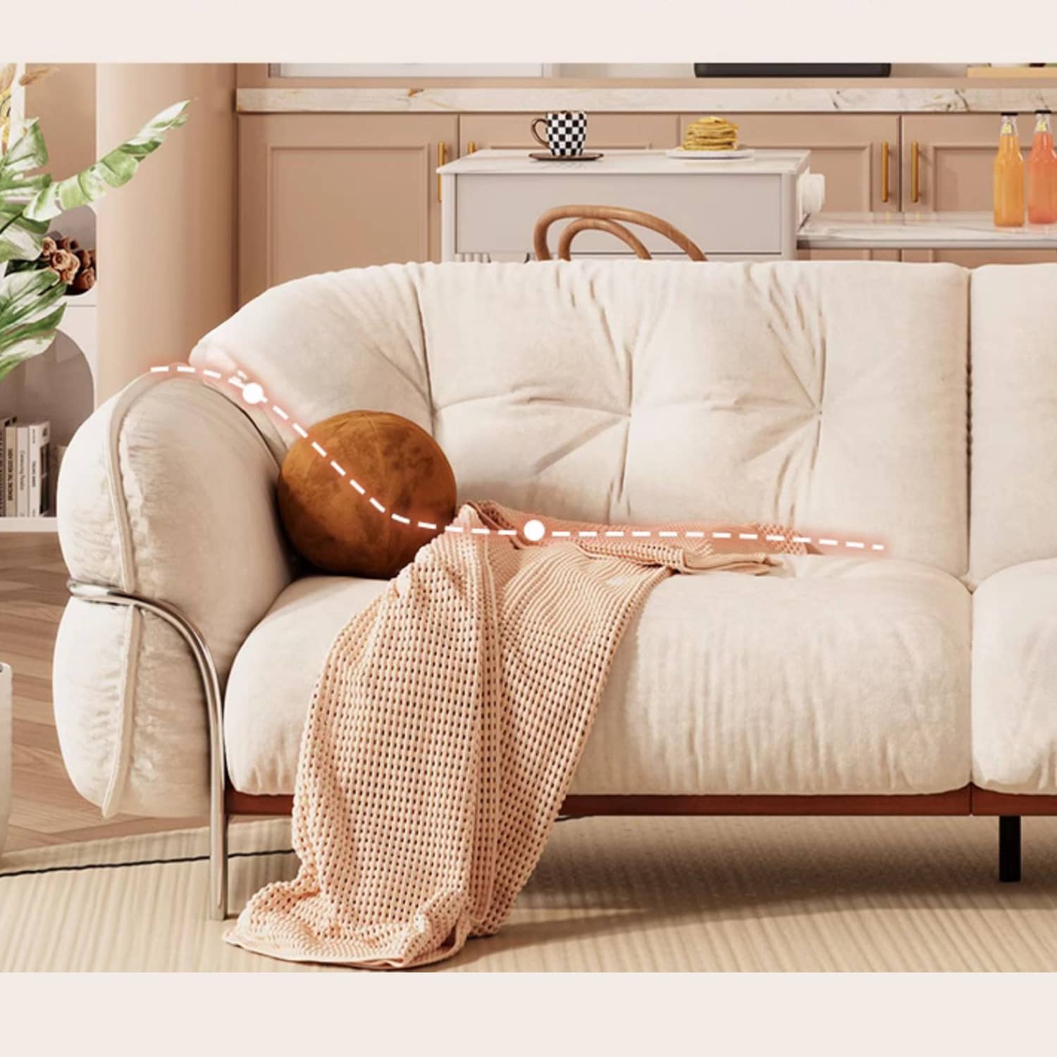 Elegant Beige Cotton Sofa with Pine Wood Frame and Stainless Steel Accents fbby-1403