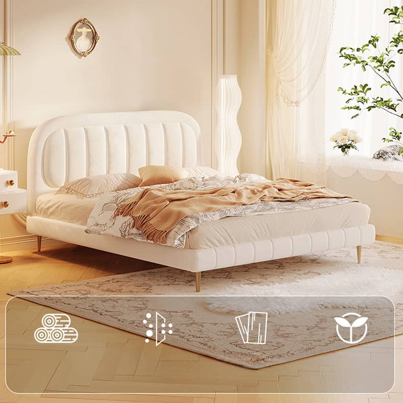 Elegant Beige Cotton Bed Frame with Pine Wood and Stainless Steel Accents fbby-1405